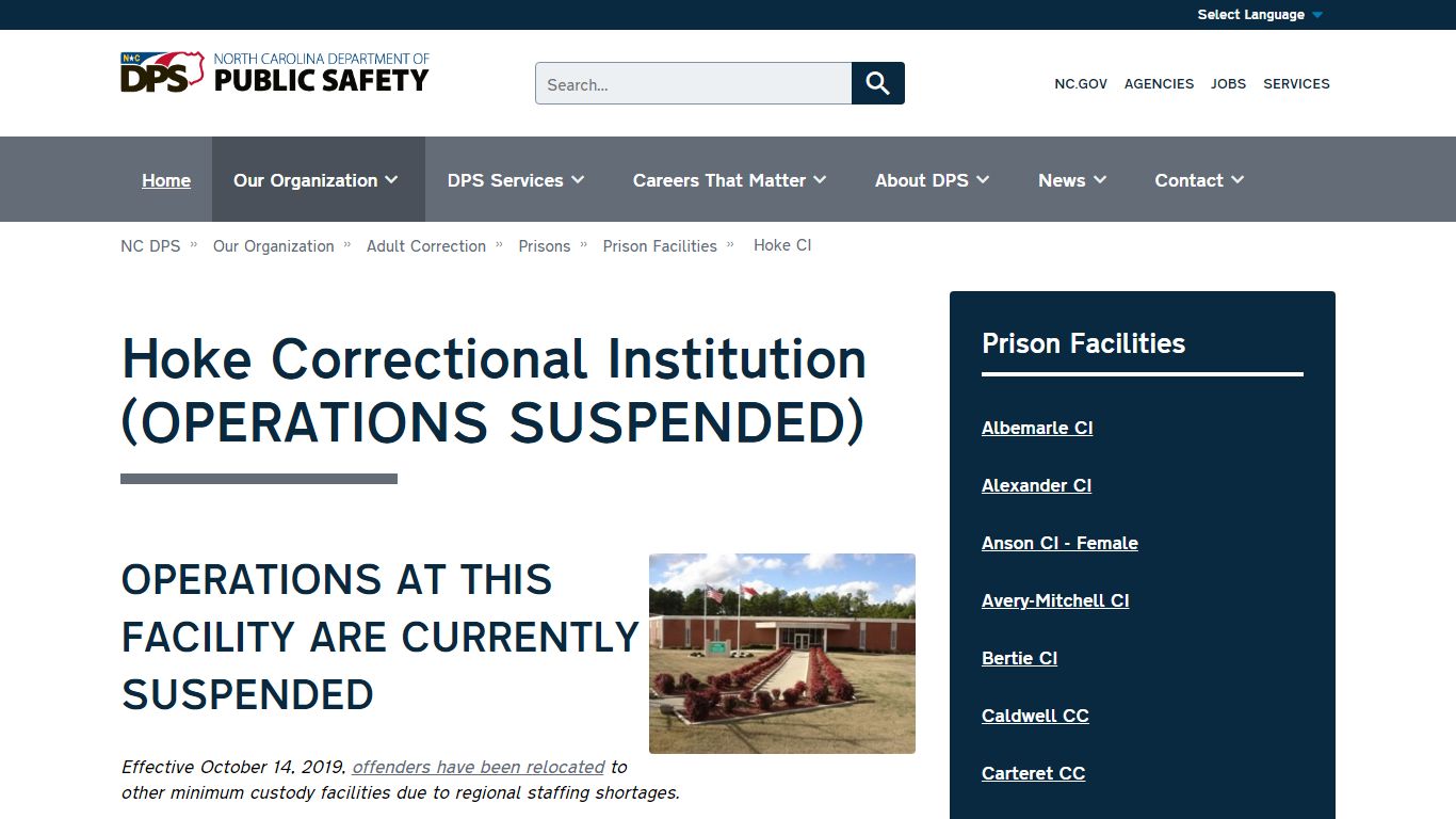 Hoke Correctional Institution (OPERATIONS SUSPENDED) | NC DPS